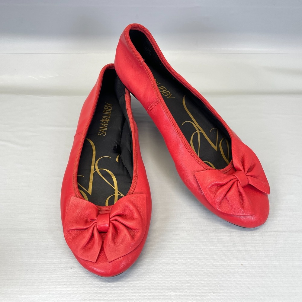 Sam & Libby Ballet Flats Womens Size 6.5 Red Leather with Bow Slip On Shoes